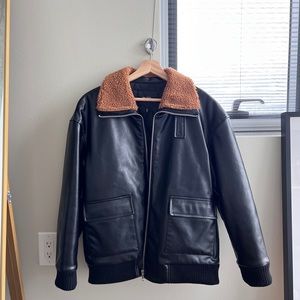 Maje - Oversize Leather Jacket with Fur Collar